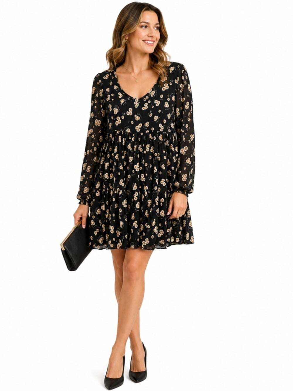 Brandy Melville Dress One Size Black Floral V Neck Ruffle Hem Lightweight Soft